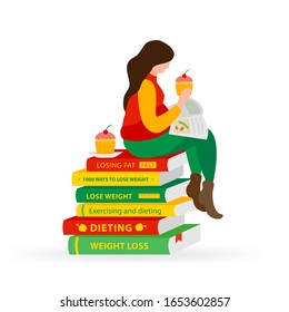 Woman with a obesity reads books for weight loss and eats cupcakes. Girl sitting on the diet.