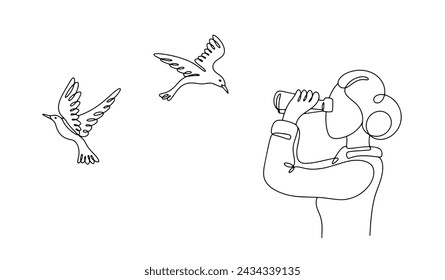 A woman observes the behavior of birds in natural conditions. Birdwatching. Vector illustration. Images produced without the use of any form of AI software at any stage.