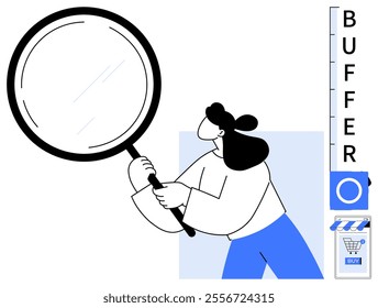 Woman observes object with magnifying glass. Buffer scale with shopping cart icon represents online shopping and analysis. Ideal for business, marketing, e-commerce, research, and user reviews