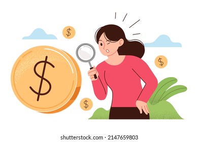 A woman observing a huge coin with a magnifying glass. Financial study, observation concept. Financial business vector illustration.