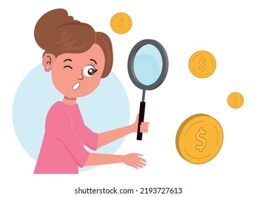 A woman observing a huge coin with a magnifying glass. Financial study, observation concept. Financial business vector illustration.
