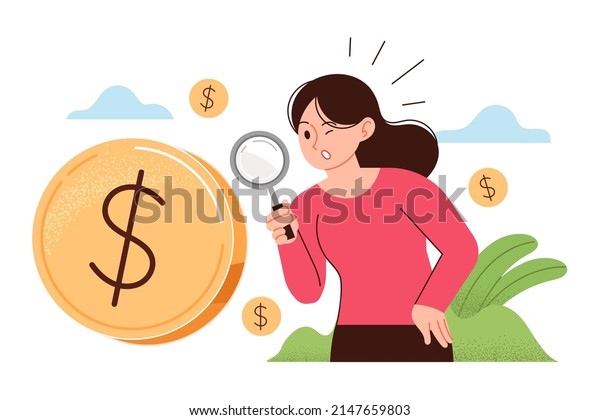 A woman observing a huge coin with a\
magnifying glass. Financial study, observation concept. Financial\
business vector\
illustration.