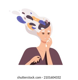 Mujer con pensamientos obsesivos y paranoicos en mente. Una persona nerviosa ansiosa en pánico pensando en problemas. Concepto de psicología del trastorno mental. Ilustración vectorial plana aislada en fondo blanco