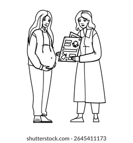 mulher obstetras vetor de cuidados maternidade. medicina jovem, parto médico, ginecologista hospitalar mulher obstetras cuidados maternidade personagem. pessoas linha preta lápis desenho ilustração
