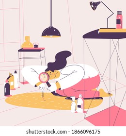 Mujer con bacalao limpiando su casa con atención con lupa. Ilustración conceptual sobre el desorden obsesivo compulsivo, el pánico y los rituales