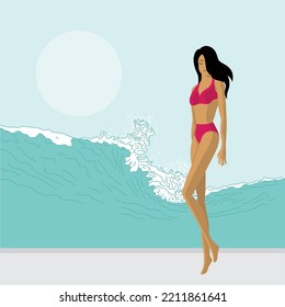 woman and ocean wave, vector