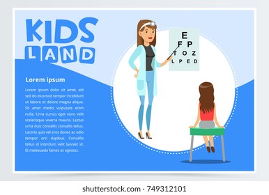 Woman oculist checks boy s eyesight