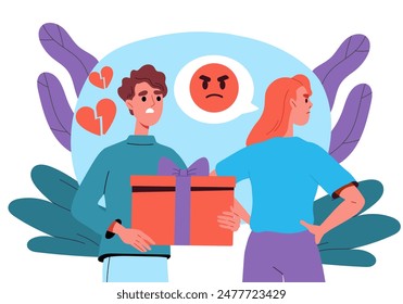 Woman offended by boy. Young guy gives gift to his girlfriend. Girl refuses surprise and present. Negative feelings and emotions. Cartoon flat vector illustration isolated on white background