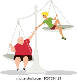 Woman offering a helping hand to an overweight men, sitting on a balances as a metaphor for losing weight together, EPS 8 vector illustration