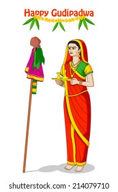 Woman offering prayer for Happy Gudi Padwa in vector