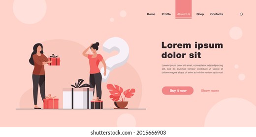 Woman offering presents to woman in shop. Assistance, choice. Flat vector illustration. Gifts and service concept can be used for presentations, banner, website design, landing web page