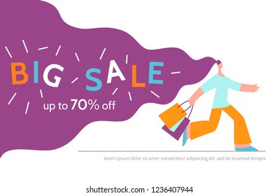 Woman offers big sale season poster.Online shopping,discount, commercial message concept for mobile app,landing page, banner in moden flat style.