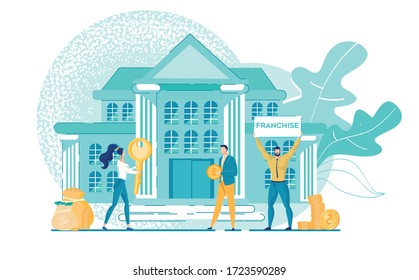 Woman Offers Ready Business Concept under Franchise License to Entrepreneurs. Profit from Company Network Creating and Rights Authorization to Commercial Technology. Flat Vector Illustration.