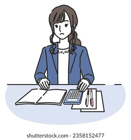 A woman in an office casual outfit calculating with a calculator