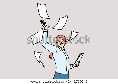 Woman office clerk throws documents up, rejoicing at introduction of digitalization and reduction of paperwork. Businesswoman celebrates being able to stop paperwork after hiring assistant