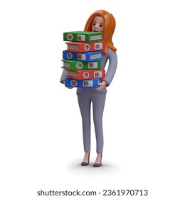 Mujer con ropa de oficina sujetando una pila de carpetas. 3d modelo de empresaria trabajando con documentos. Ilustración vectorial en estilo de dibujos animados en colores naranja y gris