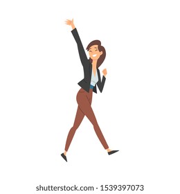 Woman in office clothes joyfully runs and waves hand cartoon vector illustration