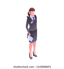 Woman in office clothes vector illustration of faceless isolated character. Businesswoman, manager or receptionst secretary girl in uniform with badge, tie and documents in hand