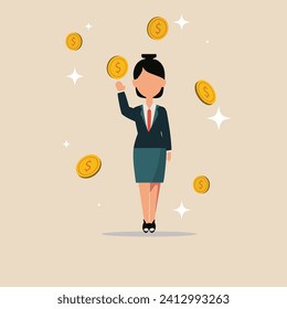 woman in office costume with golden coins and stars, career and finance