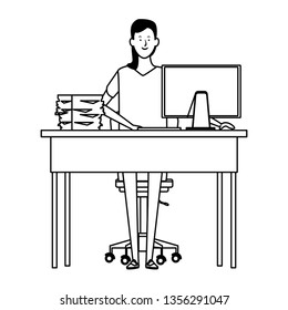 woman in a office desk black and white