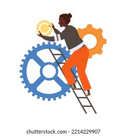 Woman Office Employee Climbing Ladder with Cogwheel Engaged in Effective Company Management Vector Illustration