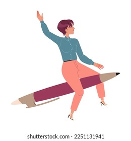 Woman Office Employee Flying on Pen Forward Leading to Future Goal Vector Illustration