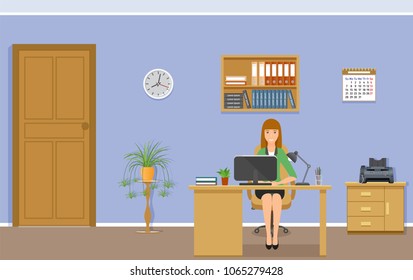Woman office employee on working place at the table with laptop. Business worker character in office interior. Vector illustration.