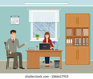 Woman office employee sitting on working place at the table with client. Business worker character in office interior.