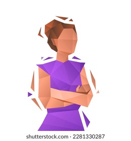 Woman office employee standing, low poly vector.