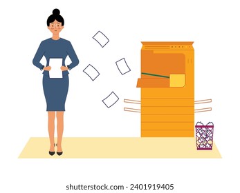 The woman in the office is having a dizzying moment with the photocopier where paper is flying. Character design. Flat vector illustration