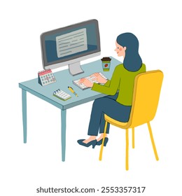 Woman at office or home working with computer. Girl doing remote job using PC. Lady employee or female designer with stickers. Cartoon freelancer with coffee. Freelance sign design