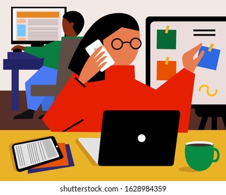 Woman In Office Making A Call And Making A To Do List. Office Worker Job Concept. Partnership And Teamwork. Freelance, Freelancer Job. Vector Cartoon Flat Illustration