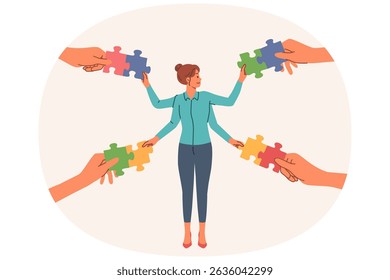 A gerente de escritório da mulher trabalha no modo multitarefa, conectando peças de quebra-cabeça dadas por colegas. Garota gerente de sucesso executa o trabalho com alta produtividade graças a habilidades profissionais