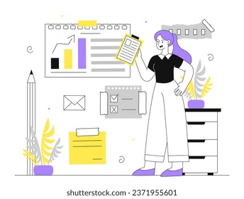 Woman with office notes line. Young girl with documents and paper sheets. Paperwork with contracts at workplace. Worker and employee with goals and tasks. Linear flat vector illustration