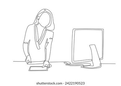A woman is in the office. Woman in office one-line drawing