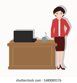 Woman with office place concept on white background. Creative idea design. Flat vector illustration for template, brochure or presentation.