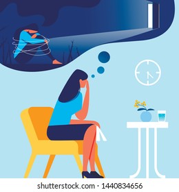 Woman in Office Psychologist. Out of Depression. Psychological Help. Vector Illustration. Training for Women. Depressed State. Woman in Blue T-Shirt. Human Consciousness. Depression Memories.