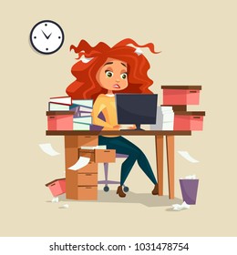 Woman In Office Stress Vector Illustration Of Cartoon Girl Manager Working On Computer With Disheveled Messy Hair And Documents Piles. Overwork And Deadline Office Work Concept