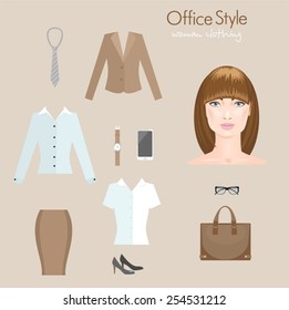 Woman office style. Clothes and accessories. Vector