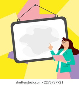 Woman in office uniform standing near school whiteboard presenting important information. Empty space for text. White speech bubble on bright colored background.