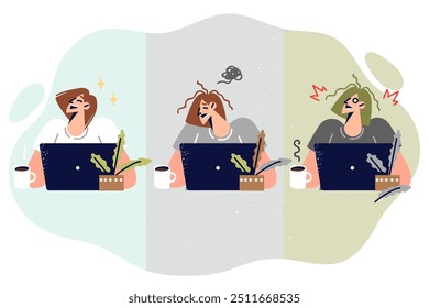 Woman office worker begins to suffer due to burnout and lack of rest or overdose of caffeine. Problem of professional burnout in workaholic girl who sits at computer for too long without break