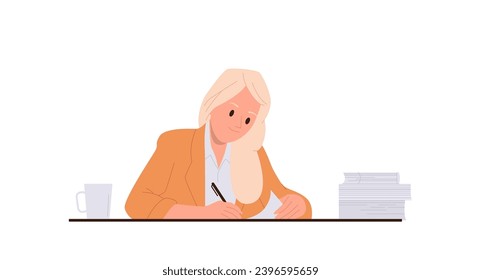 Woman office worker cartoon character writing notes, project plan or business letter at worktable