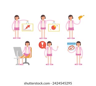 woman office worker character in various poses vector illustration