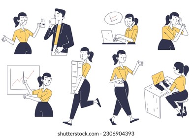 Woman office worker. Character working hard on project, presenting and solving tasks. Productivity, company, businesswoman concept. Effective employee. Cartoon flat vector collection isolated on white