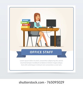 Woman office worker character working at computer. Business woman or clerk sitting at her desk with folders. Flat cartoon vector illustration.