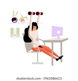 Woman office worker do exercise with dumbbells isolated