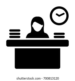 Woman Office Worker Icon Person Working on Desk with files and books in Glyph Pictogram illustration