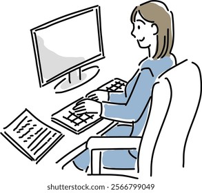 woman office worker inputting data onto a PC hand drawing vector illustration