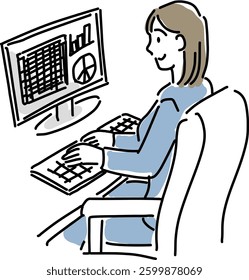 woman office worker looking at and analyzing a PC screen hand drawing vector illustration