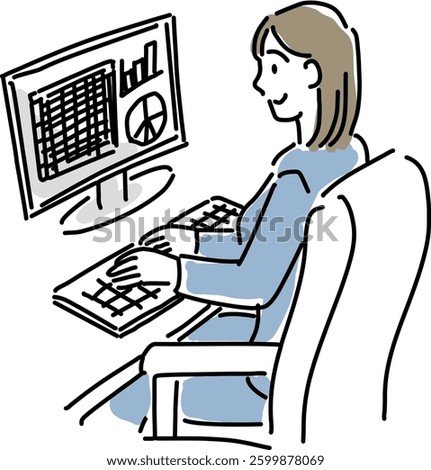 woman office worker looking at and analyzing a PC screen hand drawing vector illustration